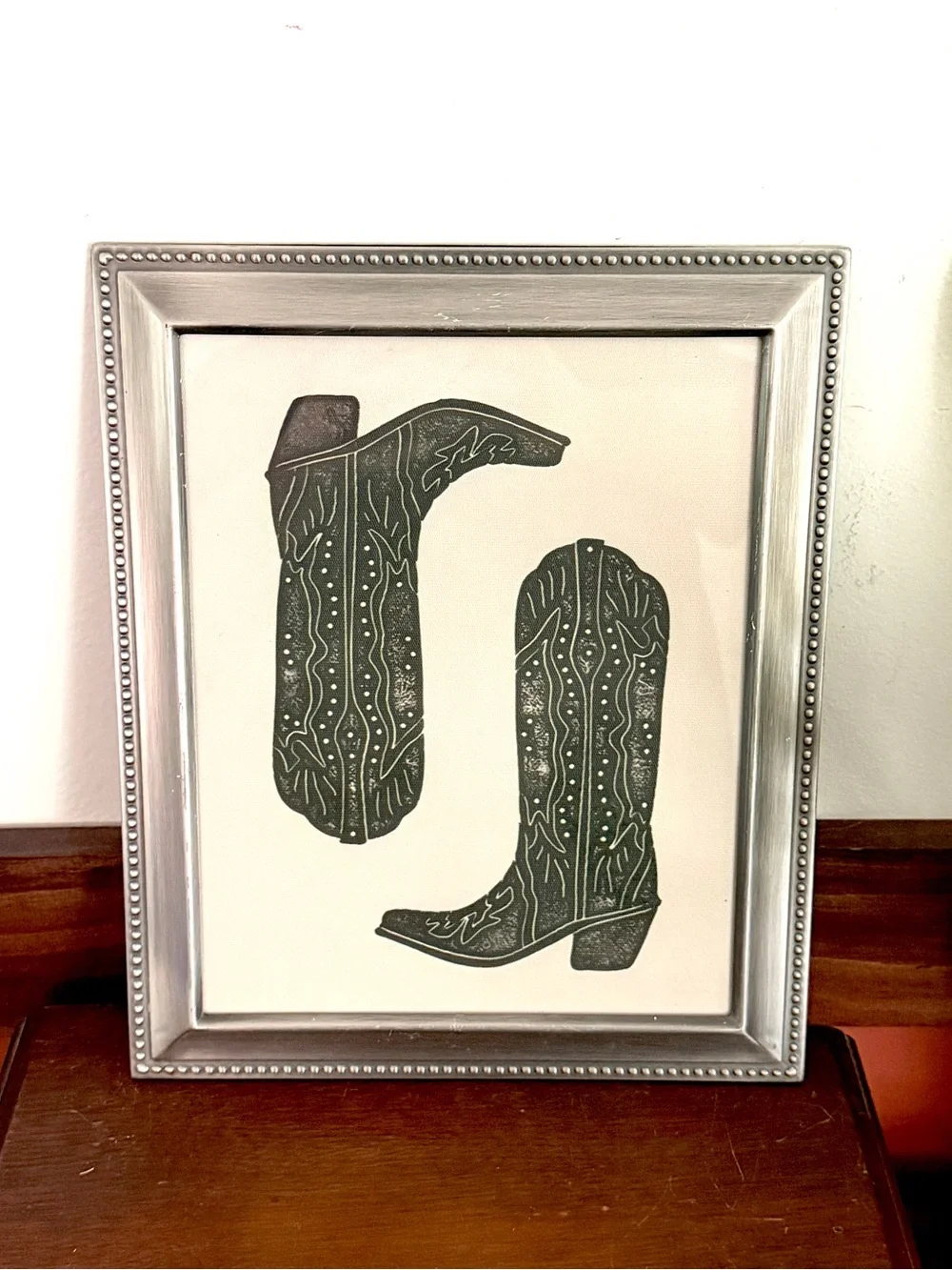 Dark Green Cowboy Boots Cowgirl Western Canvas Art Print Silver Metal Framed Art